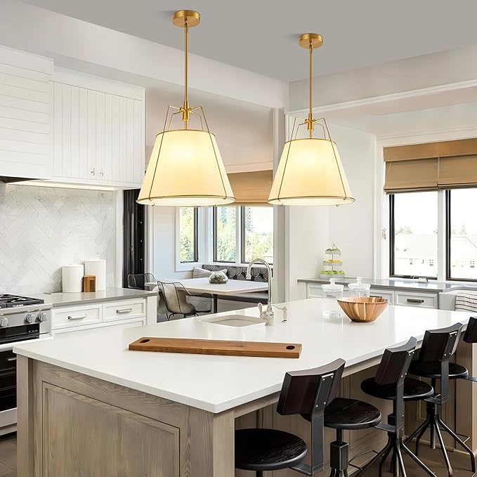 Modern Pendant Light Fixtures with 16" Off-White Linen Fabric Shade, Adjustable Hanging Light Fixture,3-Light Drum Gold Vintage Chandelier for Kitchen Island Bedroom Dining Room Foyer