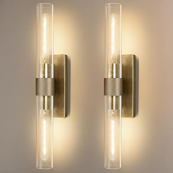 Wall Sconces Set of Two, Gold Bathroom Sconces Wall Lighting with Clear Glass, Modern Sconces Wall Decor Light Fixtures for Bathroom Mirror Living Room Hallway Bedroom