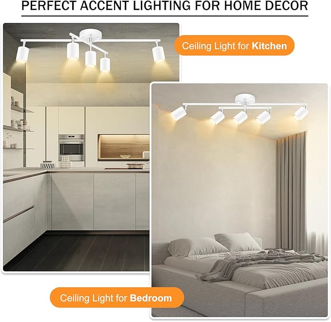 Track Lighting Fixtures Ceiling, LED Track Lighting, White Kitchen Lights for Bedroom, 28.4" Ceiling Spot Light Kit, 5 Light Wall Light with Rotatable Heads, Living Room Decor(GU10 Socket, NO Bulb)