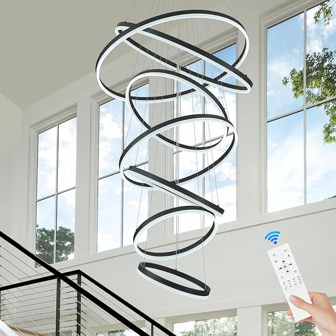 Benkut 7 Rings Modern LED Chandelier Black Dimmable Large Foyer Chandeliers Entryway High Ceiling for Staircase, High Ceiling Pendant Lights for Entryway Living Room, 3000K-6500K CCT