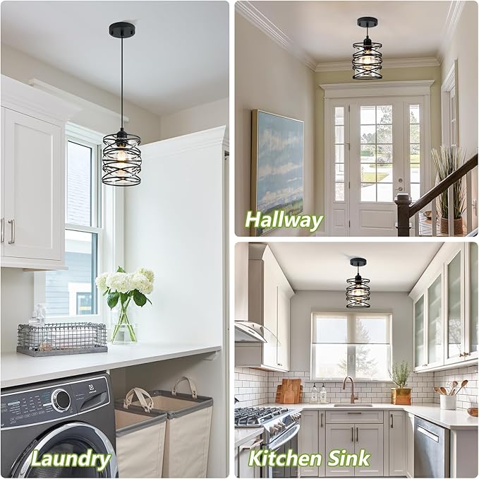 3-Pack Spiral Glass Pendant Lights Kitchen Island Mini Black Pendant Light Modern Metal Cage Handblown Seeded Glass Ceiling Hanging Lamp Adjustable Cord for Dining Room Foyer Hallway, E26