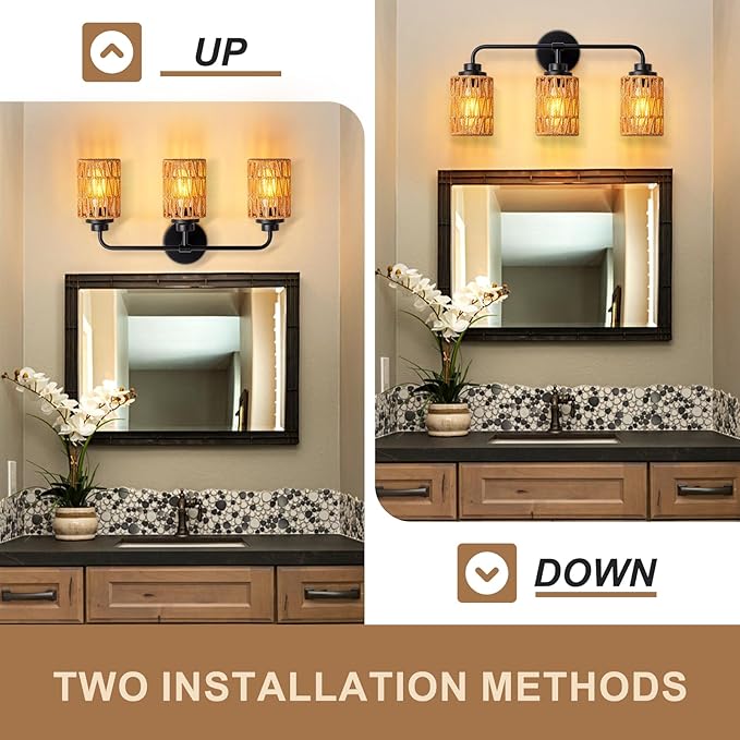 3-Light Bathroom Light Fixtures Vanity Lights Over Mirror, Rustic Farmhouse Rattan Wall Sconce with Boho Hand Woven Wall Lamp Natural Style Wall Mounted Light Vanity Lighting for Bedroom Hallway