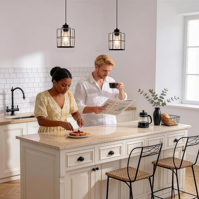 5.91in Industrial Black Pendant Lights Kitchen Island, Glass Island Pendant Lights Set of 2, Small Ceiling Kitchen Island Lights with Adjustable Cord, Farmhouse Hanging Light for Hallway Bathroom