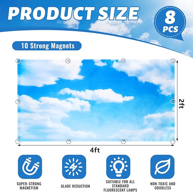 Patelai 8 Pack Fluorescent Light Covers for Classroom Ceiling 4 x 2 Feet Magnetic Light Covers Filter for Office School Drop Ceiling Supplies(Sky Style)