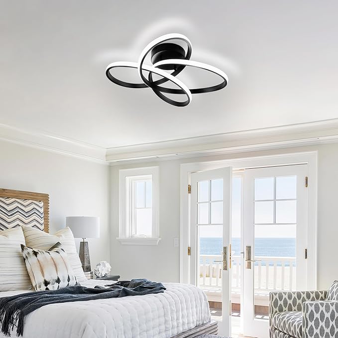 Modern LED Chandelier, 50W LED Ceiling Light with Remote Control, 3000-6000K Color Temperature Changing, Black Chandelier for Bedroom, Entryway, Hallway, Kitchen