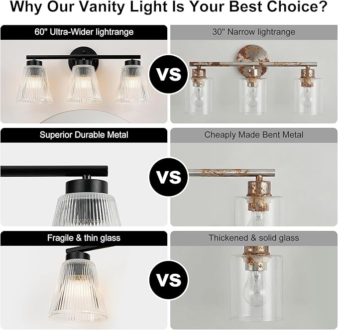 OCIOC Black Bathroom Vanity Lights, 3-Light Modern Bathroom Light Fixtures with Striped Glass Shade, Bathroom Wall Lamp over Mirror, for Living Room, Bedroom, Hallway,Cabinet Porch