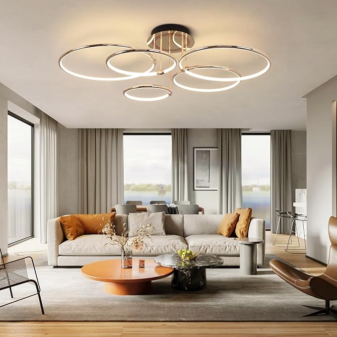 CANEOE Modern Ceiling Light Fixture,Gold Dimmable Led Ceiling Light with Remote Control for Living Room,5 Rings Flush Mount Ceiling Lamp for Living Room Bedroom Kitchen Lighting Fixtures Ceiling
