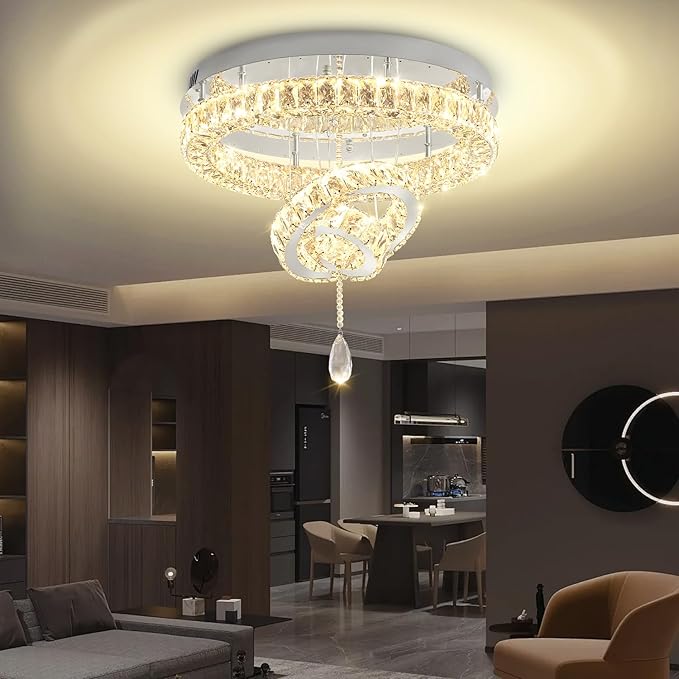 Flashing God Dia 20" Modern Crystal Chandelier for Dining Room Silver Ceiling Chandelier Flush Mount Ceiling Light for Living Room Bedroom Hallway LED Light Fixture Dimmable with Remote