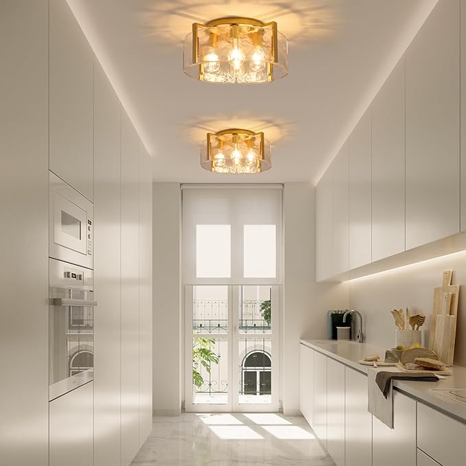 Gold Semi Flush Mount Ceiling Light Fixture, 17.7-Inch Farmhouse Modern Flush Mount Light Glass Drum Lights Foyer Lighting Fixtures for Kitchen Entryway Hallway Bathroom Bedroom Laundry Room