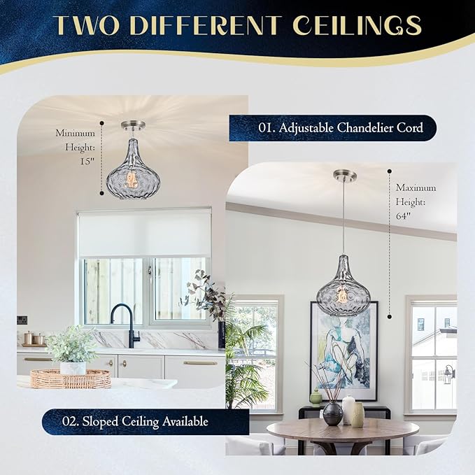 11" Smoked Hammered Glass Pendant Light – Modern Ceiling Hanging Fixture with Brushed Nickel Finish for Kitchen Island, Dining Room, Hallway, Entryway – E26 Base