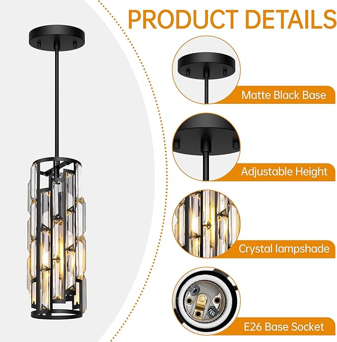 Black Pendant Lights Kitchen Island 3 Pack, Mini Crystal Chandeliers, Modern Pendant Lights Ceiling Lighting Fixtures for Kitchen Island, Dinning Room, Bedroom