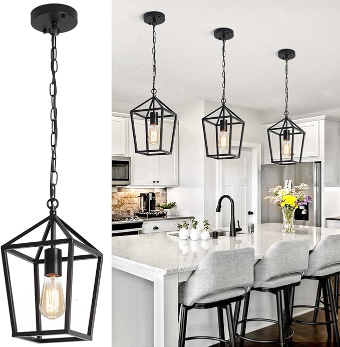 Black Pendant Lights Over Island Farmhouse Kitchen Hanging Light Fixtures Modern Glass Hallway Pendant Light Industrial Metal cage Adjustable Mini Chandeliers for Dining Room Bathroom Foyer
