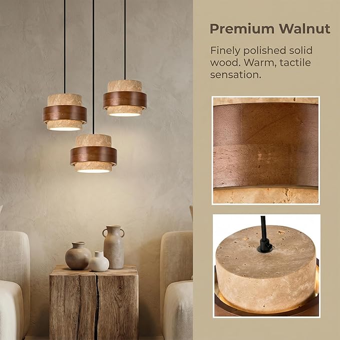 Wabi Sabi Pendant Light - Japandi Nordic Fixture Lamp, Natural Wood & Stone Concrete Chandelier for Japanese Bedroom, Kitchen Island & Dining Room (Yellow Travertine Rotund 3-Head)