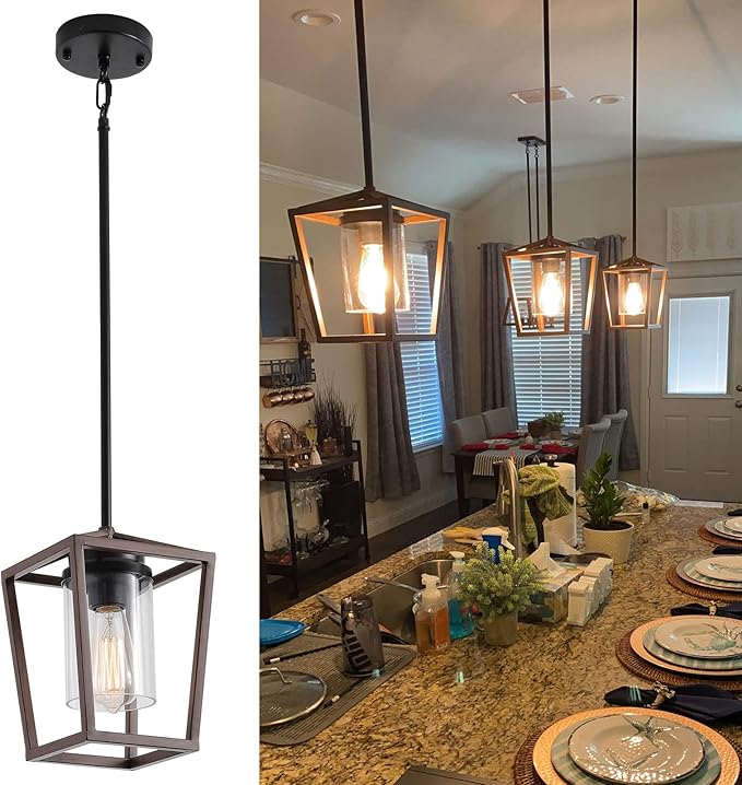 SGLfarmty Pendant Lights for Kitchen Island, 7 Inch Farmhouse Lantern Hanging Light with Clear Glass Shade, Adjustable Height Ceiling Light Fixture Fits Sloped Ceiling for Dining Room Bar Entryway