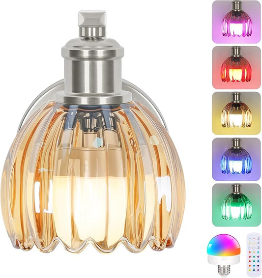 VerRon Rechargeable Battery Operated Wall Sconce with Amber Glass Lampshade, Wireless Wall Scone Decor with Remote Control, 15 Colors Brushed Nickle Wall Light for Bedside Hallway Bedroom Doorway