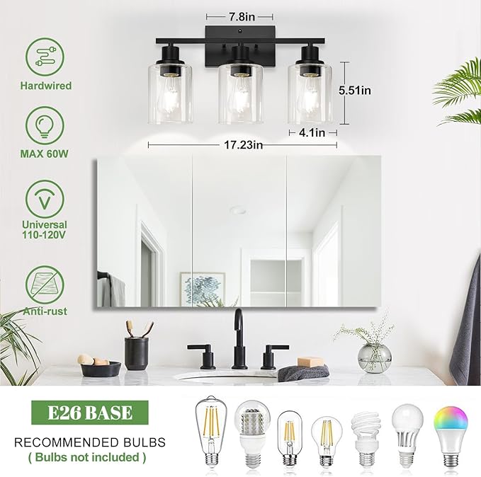 MOKATNG 3-Light Bathroom Light Fixtures, Vanity Light with Clear Glass Shades, Matte Black Bathroom Light Fixtures Over Mirror, Modern Bathroom Wall Lamp for Mirror Living Room Cabinet Bedroom