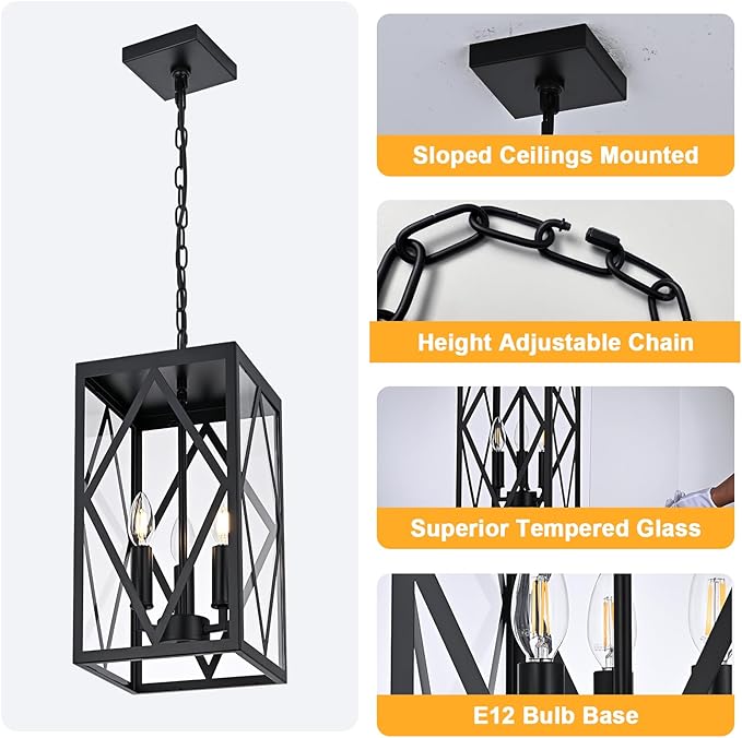 15.7'' Outdoor Pendant Light for Porch 3-Lights Metal Black Outdoor Chandelier Exterior Hanging Porch Light Fixtures w/Clear Glass, Outside Pendant Lantern for Front Door Entryway, E12 Base