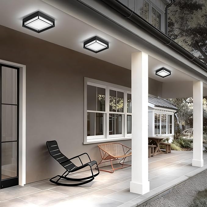 Square Flush Mount Outdoor LED Ceiling Light Fixture, 120V 24W 6000K Whitelight 9 inch Medium Overhead Porch Patio Balcony Lights Ceiling Mounted, Waterproof Suitable for Wet Areas, Black