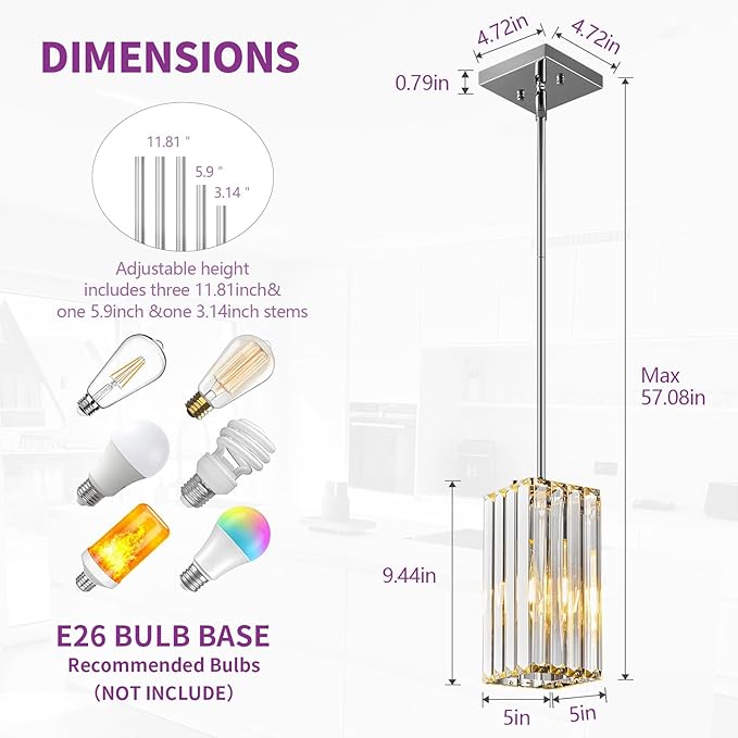 Modern Pendant Light Chrome Rectangle Pendant Lighting Mini Crystal Chandeliers Adjustable Pendant Light Fixture for Kitchen Island Dinning Room Living Room Corridor Bedroom(Chrome 2-Pack)