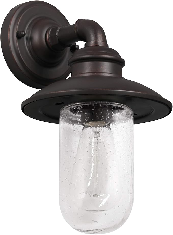 Design House 588970-BRZ Stevenson Rustic Industrial 1-Light Indoor Outdoor Dimmable Wall Light with Clear Seedy Glass and Metal Wire Shade for Kitchen Hallway Bedroom Bathroom Patio, Bronze