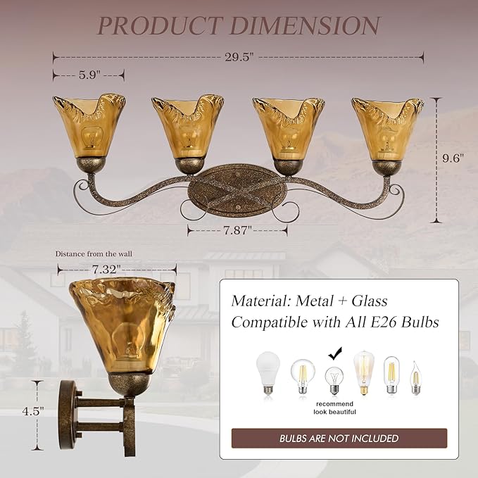 VitaLink 4-Light Bathroom Vanity Light 29.5" Rustic Amber Glass Wall Sconces for Bathroom Over Vanity Mirror Wall Lamp for Living Room Hallway E26