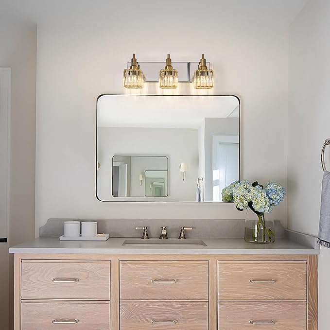 Crystal Bathroom Vanity Light Gold Chrome 3-Light Modern Bathroom Lighting Fixtures Over Mirror Square Wall Sconce