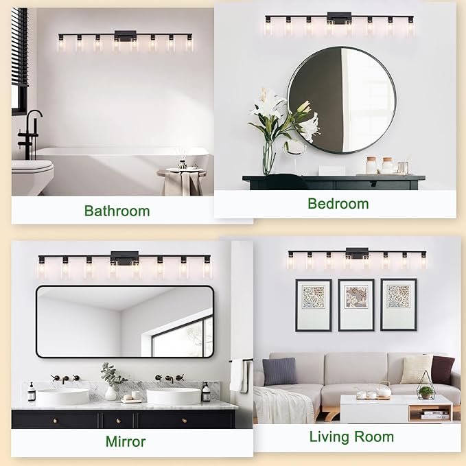 8-Light Black Vanity Light Fixtures,50" Bathroom Light Fixtures Clear Glass ShadeRust and Moisture Resistant Easy to Install Vanity Lights for Luxury Bathroom Light Over Mirror