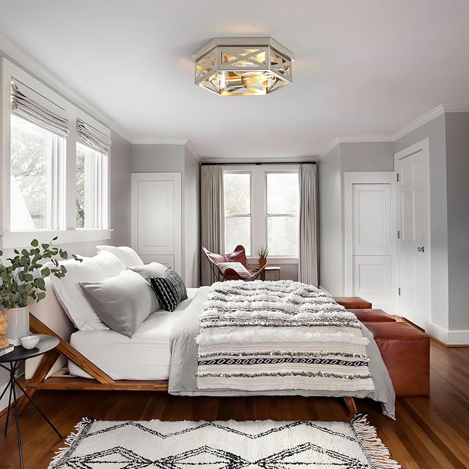 Industrial 3-Light Semi Flush Mount Ceiling Light Fixture,Moder Brushed Nickel Sputnik Ceiling Lighting,Farmhouse Chandelier E26 Base Pendant Lamp
