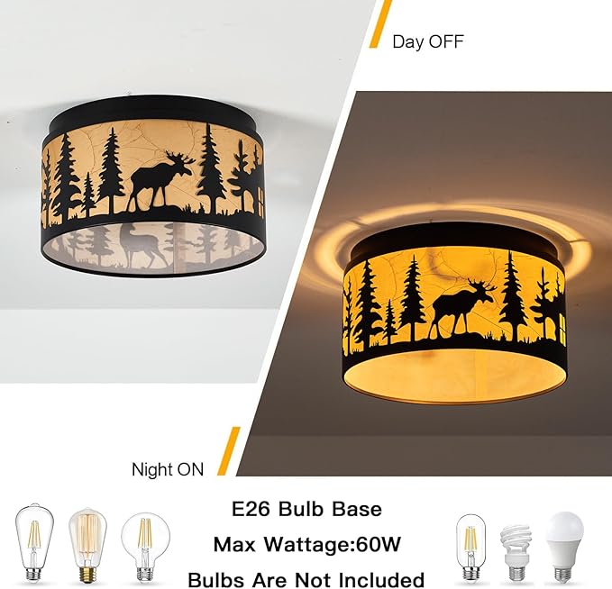 Rustic Flush Mount Ceiling Light with Deer and Bear Elements,2-Light E26 Bulbs Round Metal Parchment Lampshade Fixture for Farmhouse, Kitchen, Bedroom, foyer, and Entryway