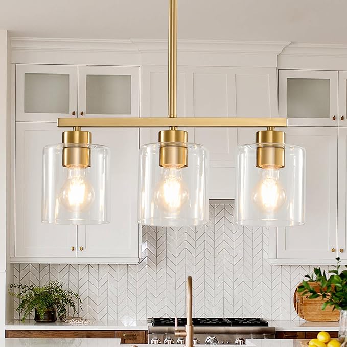 3-Light Gold Kitchen Island Lighting, Gold Pendant Light Fixture, Farmhouse Dining Room Light Fixtures Over Table, Modern Hanging Light Fixtures with Clear Glass, E26 Base, Bulbs Not Included