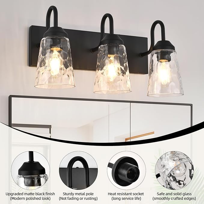 3-Light Bathroom Light Fixtures, Coastal Vanity Lights with Crystal Glass Shade, Black Bathroom Wall Lamp for Mirror Kitchen Hallway Bedroom