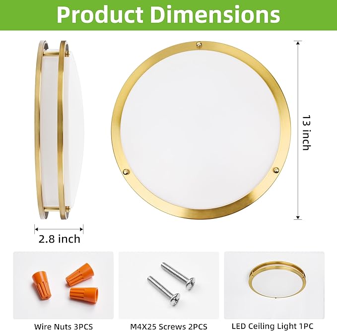 Hlite 36W 13inch LED Flush Mount Ceiling Light Fixture,3600LM 5000K Super Bright Natural Daylight,Low Profile LED Ceiling Light Flush Mount for Bedroom,Kitchen,Bathroom,Hallway(Gold 1Pack)