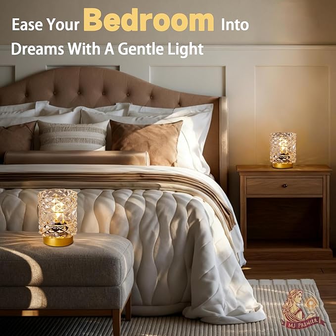 Battery Operated Lamp with Timer, Cordless Table Lamps for Shelf Decor, Rhombus Texture Aesthetic Crystal Lamp, Small Decorative Lamps for Bedroom/Bathroom/Kitchen/Entryway/Dorm (2 Pack Clear)