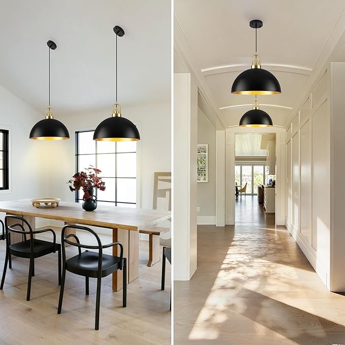 12'' Black Pendant Lights for Kitchen Island Lighting, 2-Pack Modern Farmhouse Industrial Dome Hanging Ceiling Pendant Lighting Fixture for Dining Room, Bar, Living Room