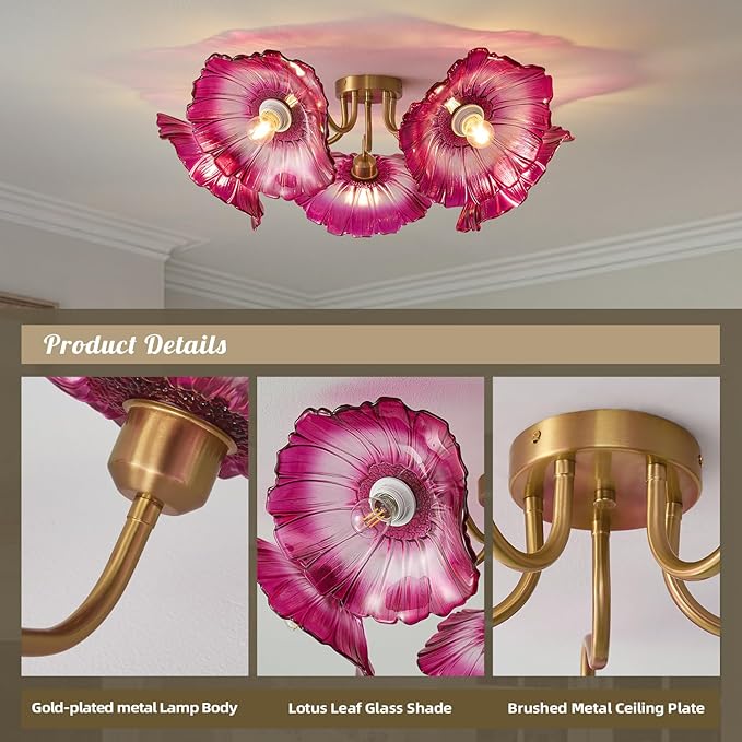 Flower Glass 5 Lights Ceiling Light - Red Vintage Floral Semi Flush Mount Chandelier Lighting Fixtures - Mid Century Modern Art Deco Lamp for Bedroom Bathroom Hallway Hall Laundry Kitchen Dining Room