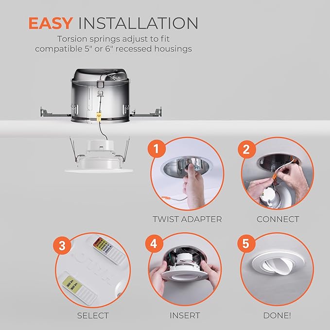 HALO RA 6 inch LED Recessed Light Trim with Adjustable Gimbal, Selectable Lumens and Selectable Color Temperature, Dim-to-Warm Feature, Damp Location Rated RA56LS9FSD2W1EWH