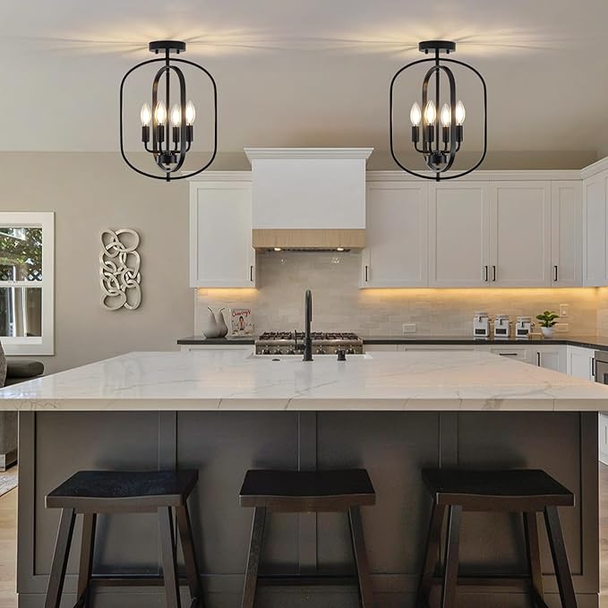 Black Flush Mount Ceiling Light, 4-Light Semi Flush Mount Ceiling Lights Kitchen Lighting Fixtures Industrial Modern Farmhouse Chandelier for Dining Room Foyer Hallway Entryway