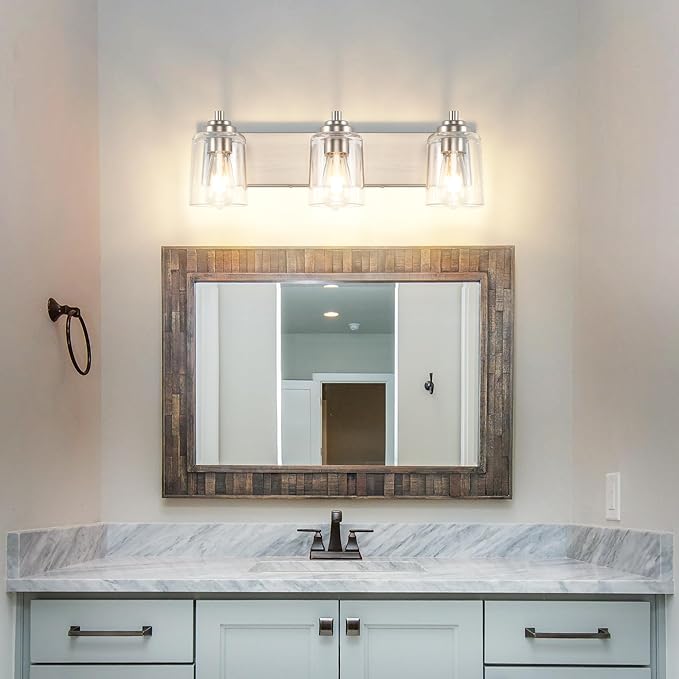 SOLFART Brushed Nickel Vanity Light Bathroom Light Fixtures Over Mirror 3 Light Bathroom Lights for Mirror Bathroom Vanity Lighting