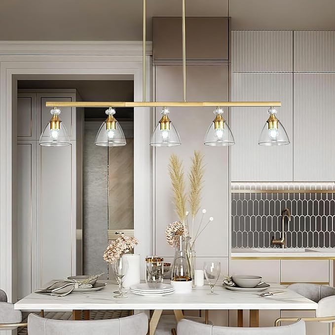 5-Light Gold Finish Kitchen Island Pendant Lighting with Clear Glass Shades for Dining Table, Kitchen Island, Living Room