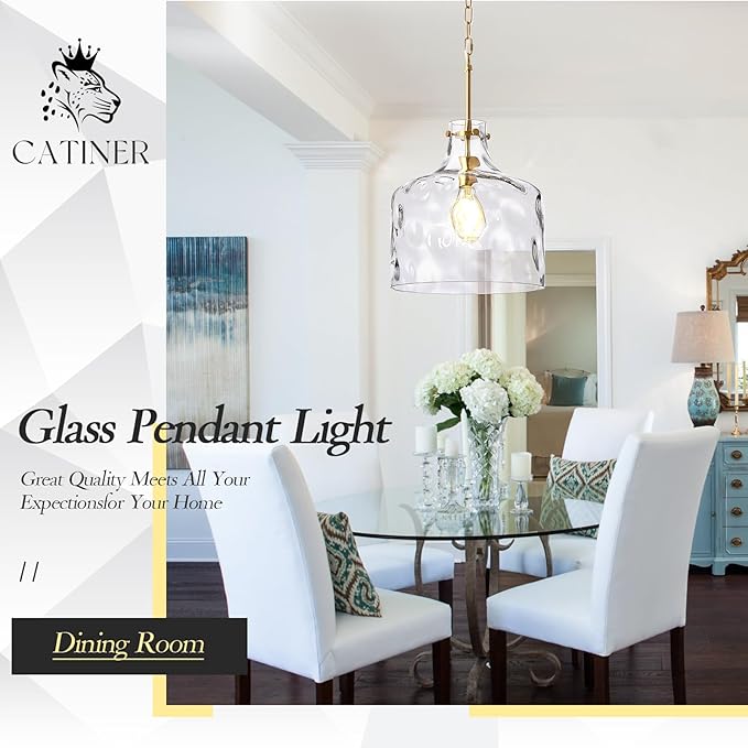 CATINER 16" Extra Large Farmhouse Pendant Light – Hand-Blown Hammered Glass Shade, Gold Finish, Adjustable Chain Ceiling Light for Kitchen Island, Dining Room, Hallway