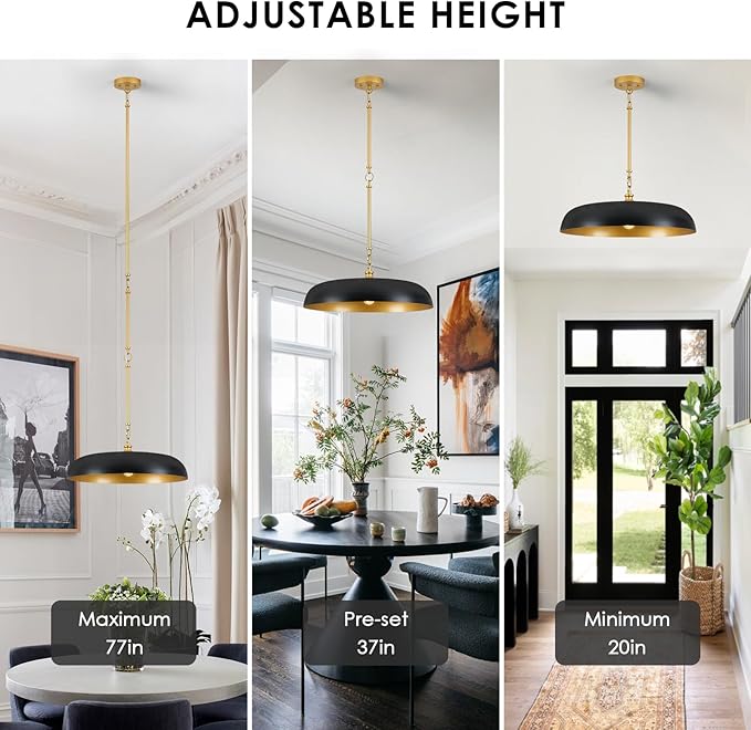 Large Pendant Light 20in Black and Gold Dome Pendant Lights 3 Light Socket Pendant Light Fixture with Adjustable Pendant Lighting for Kitchen Island Dining Room Kitchen Sink, E12