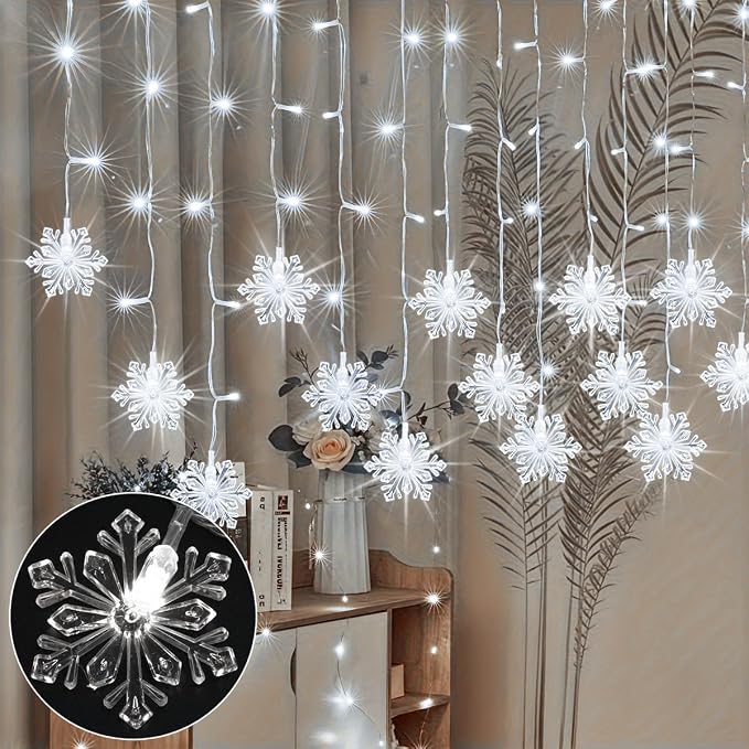 Christmas White Icicle Lights with Snowflake, 150 LED Curtain Lights with 8 Lighting Modes, Plug in Twinkle Lights for Home Christmas Wedding Party Decoration