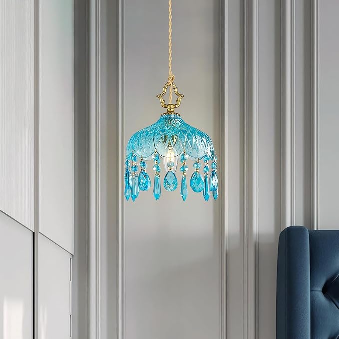 Brass Vintage Pendant Light Blue Crystal Hanging Light Fixtures,Adjustable Height Blue Glass Pendant Lights for Kitchen Island Dining Room Living Room Bedroom Hallway(Blue,2-Pack)