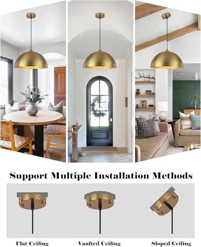Gold Pendant Light 16 inch, Hammered Large Dome Pendant Light, Industrial Farmhouse Pendant Lights Kitchen Island, Gold Kitchen Pendant Lights for Kitchen, Dining Room Living Room 2 Pack