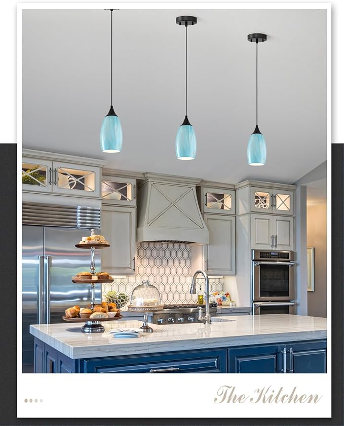 ANYLOVE Vintage Art Blue-Gold Pendant Lighting,1-Pack Hand Glass Hanging Light Fixture,Adjustable Cord for Kitchen,Hallway,Dining Room
