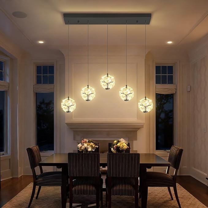 ykolupty 5-Lights Crystal Globe Pendant Light Kitchen Island Black Linear Chandeliers for Dining Room,LED Dimmable Globe Chandelier for Kitchen Living Room Foyer