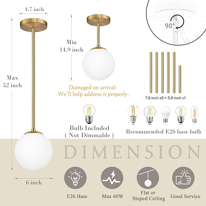 Bagood 6" Globe Pendant Light Gold Mid Century Pendant Light Globe Pendant Lights Kitchen Island Brushed Brass Finished with Milk Glass Lampshade Adjustable Ceiling Light Fixtures for Kitchen