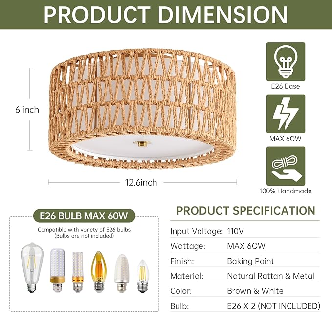 Boho Ceiling Light Fixtures 12.6" Flush Mount Ceiling Light, 3-Light Rattan Light Fixture for Bedroom Close to Ceiling Light Modern Ceiling Light for Foyer Hallway Entryway Kids Room