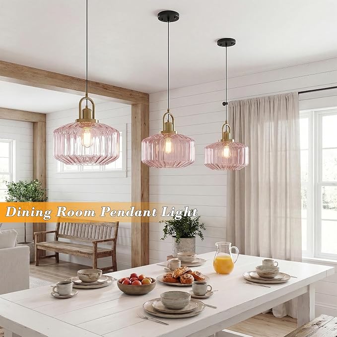 11.8in Mid Century Modern Pink Glass Pendant Light Fixture, Large Gold Kitchen Island Pendants Light Glass Ceiling Hanging Lamp for Foyer Dining Room Bedroom Entryway Hallway Over Sink