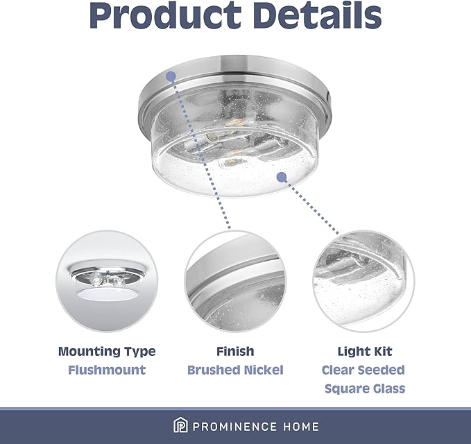 Prominence Home Madalyn 13" Brushed Nickel Flush Mount Clear Square Glass Drum Ceiling Light - 51540-01